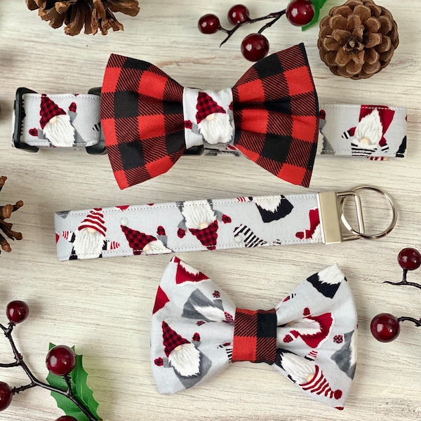 Dog collar, dog, gnome, christmas, buffalo plaid, plaid, red and black, collar with bow tie, christmas bow, bow tie, Santa, winter, snow