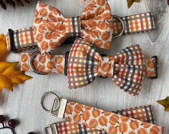 Dog collar, fall dog collar, thanksgiving dog collar, plaid dog collar, pumpkin dog collar, boy dog collar, dog collar bow tie, dog bow tie