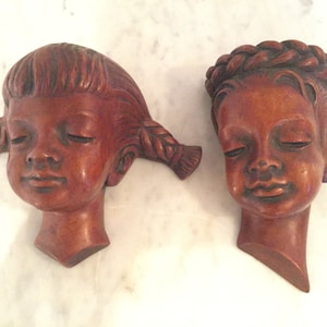 Vintage Beautiful Achatit Handwork Handerbeit Pair Of Wall Decorative Collectible Masks Featuring Two Girls. Made In Germany.From The 1950&#39;s
