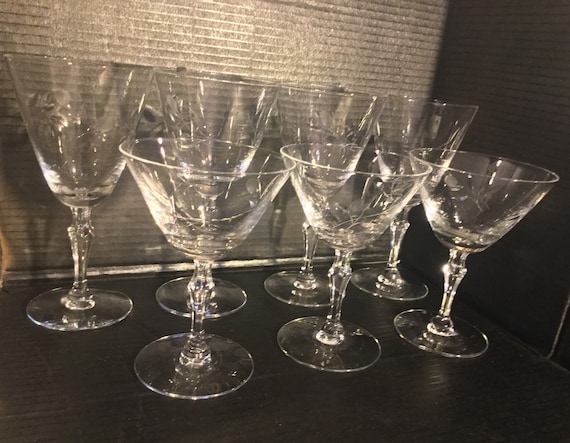 Vintage Etched CRYSTAL Wine Glasses, Set of 5, Fostoria, Buttercup