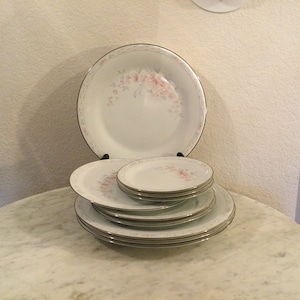 NORITAKE Fine China “CARTHAGE” 10 Teile Geschirr Set. 4 Diner-, 3 Salat-, & 3 Brot-Butterteller. Rosa Blumen, Scheibe 1983-2002.