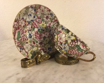 Vintage Stunning ACF Japanese Porcelain Ware &quot;Chintz&quot; Cup And Saucer Set. Multicolor Floral, Grapes, Leaves. Hand Decorated In Hong Kong.