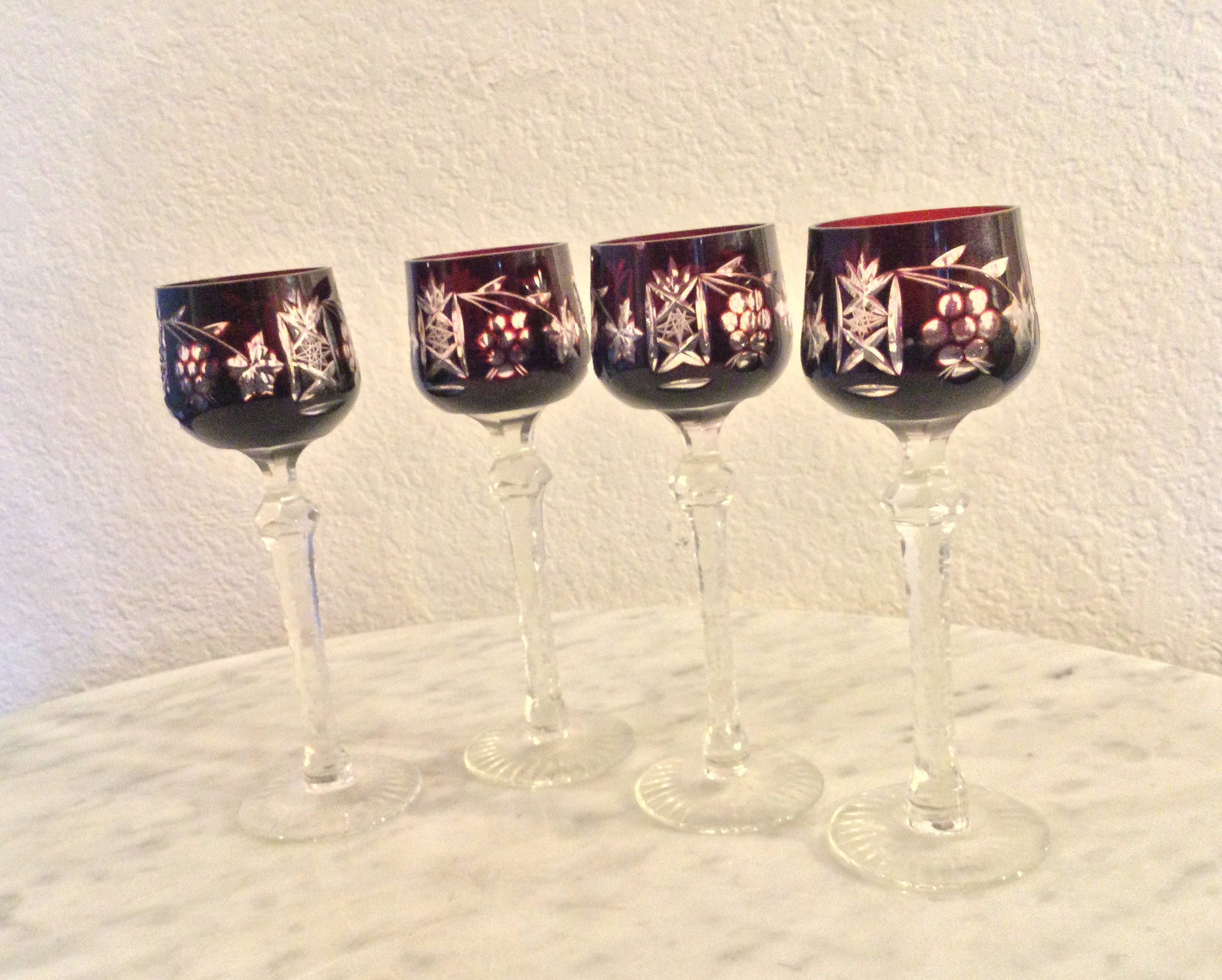LAUSITZER CRYSTAL Set of 4 Cordial Glasses. Deep Ruby Red