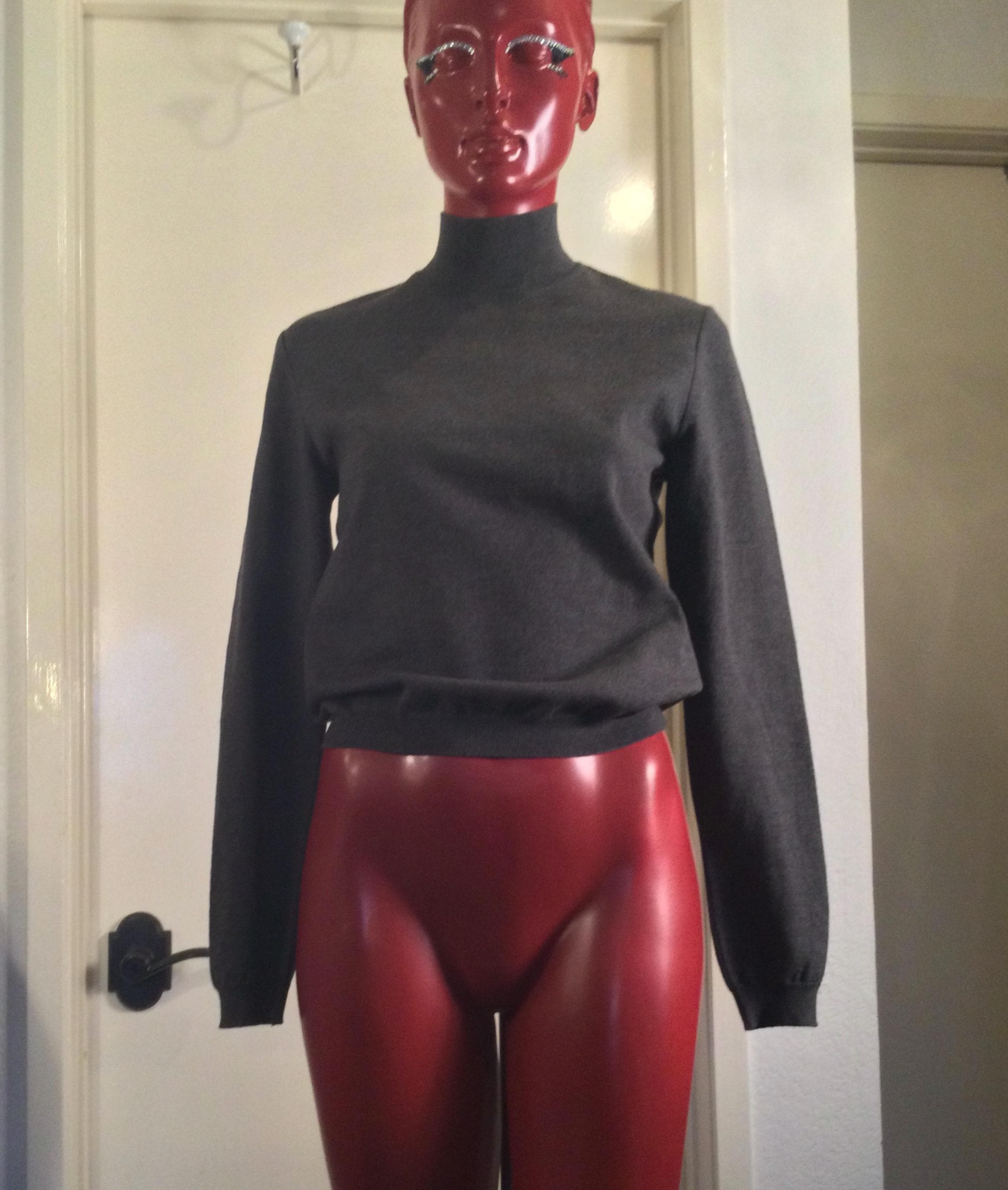 John Galliano, JOHN GALLIANO PARIS Dark Gray Wool Sweater. Back Zipper Closure, Turtleneck, Long Sleeve, Women Size Large. From The 1990’s.