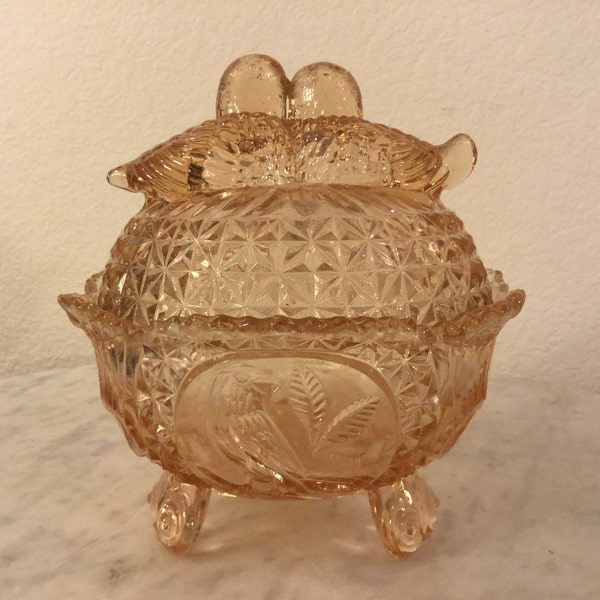 Vintage Stunning Peach/Brownish Depression Glass "Love Birds" Three Footed Bowl With Lid. Love Birds Finial, Elaborated Decoration. Disc.