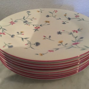 Vintage Beautiful ROYAL DOULTON Expressions “AVALON” 8 Dinner Plates Set. Multi floral, Pink Trim. England. Discontinued 1991.