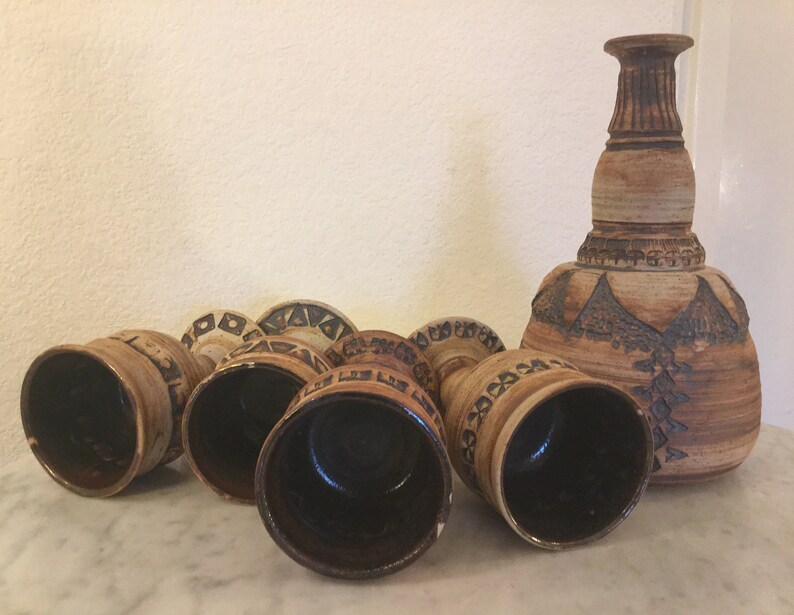 Vintage MURSELL Mclaughlin Studio Pottery Decanter & 4 Goblets