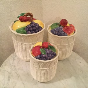 Vintage Otagiri &quot;Fruit Basket&quot; Collection Set Of 3 Canisters. Large Flour, Medium Sugar, Small Coffee. Handpainted In Japan. Discontinued.
