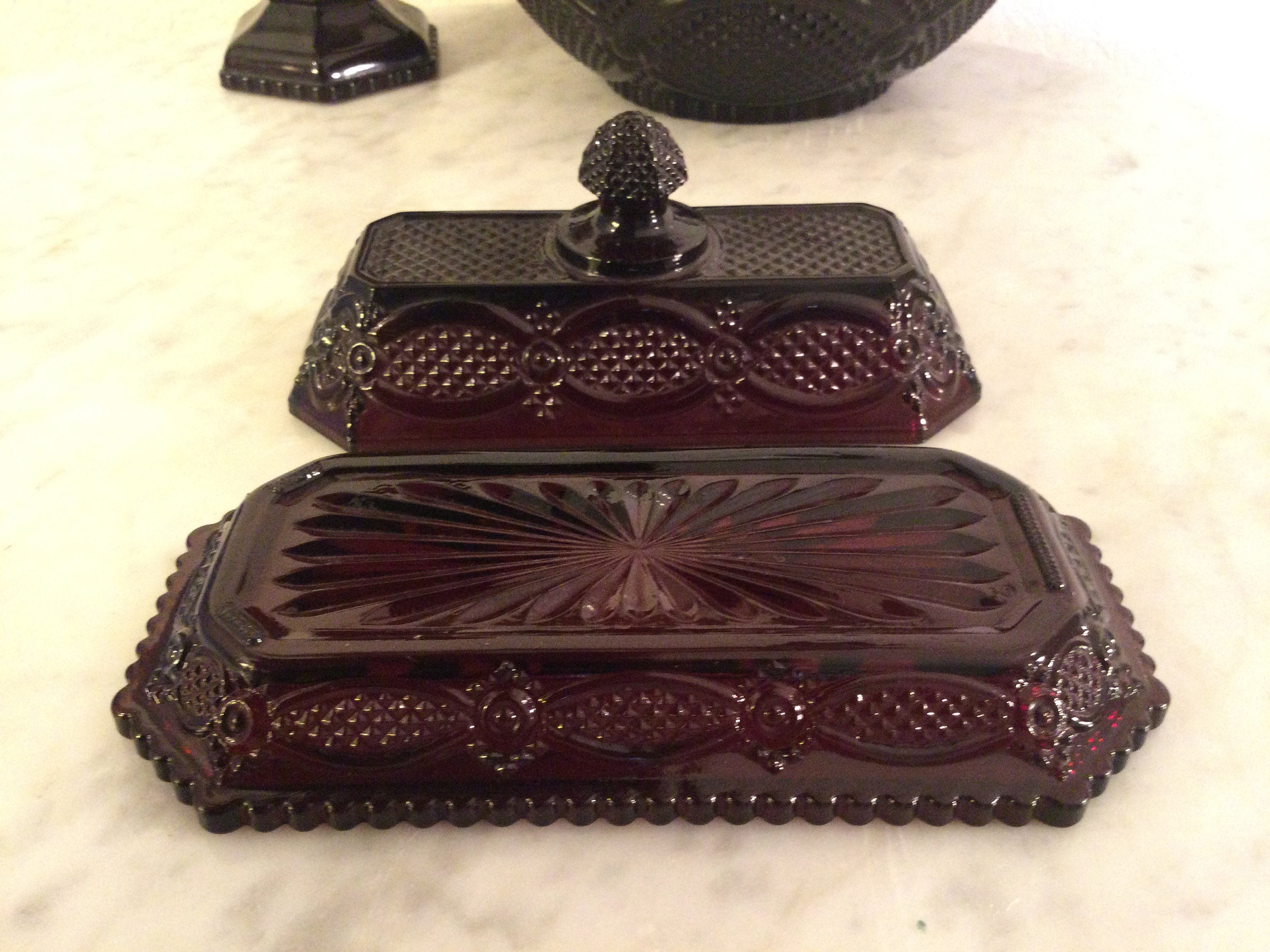 Vintage Stunning Avon cape Cod Ruby Red 5 Pcs, Butter Dish, Flower Vase ...