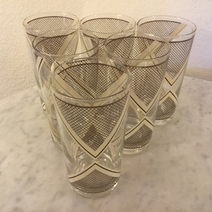 GEORGES BRIARD Glass Set Of Six (6) Highball Glasses. Geometric White & Green Lines On Clear. Made In USA. Disc. Signed. Stunning.