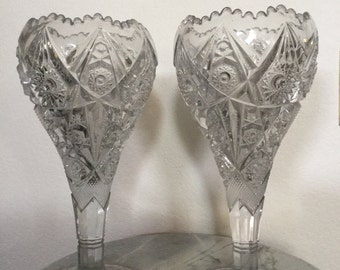 Vintage Imperial Nu Cut Chalice Pair Of Crystal Ornate Vases In The Thunderbolt Pattern. EAPG. Discontinued. 12 1/2&quot; Tall.