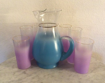 WEST VIRGINIA Glass Specialty “Blendo” Pitcher, 5 Tom Collins & 2 Flat Tumblers. Blue, Lavender, Frosted. Made In U.S.A. Discontinued.