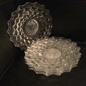 Vintage FOSTORIA Glass “AMERICAN CLEAR” Set Of Four (4) Salad Plates. Cube Motif Design. U.S.A. Discontinued 1915-1982.