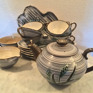 Vintage BR Handcrafted Stoneware 16 Pieces Tea Set Service For Six, Harvest Wheat Design, Brown & White Stripes. Made In Japan.