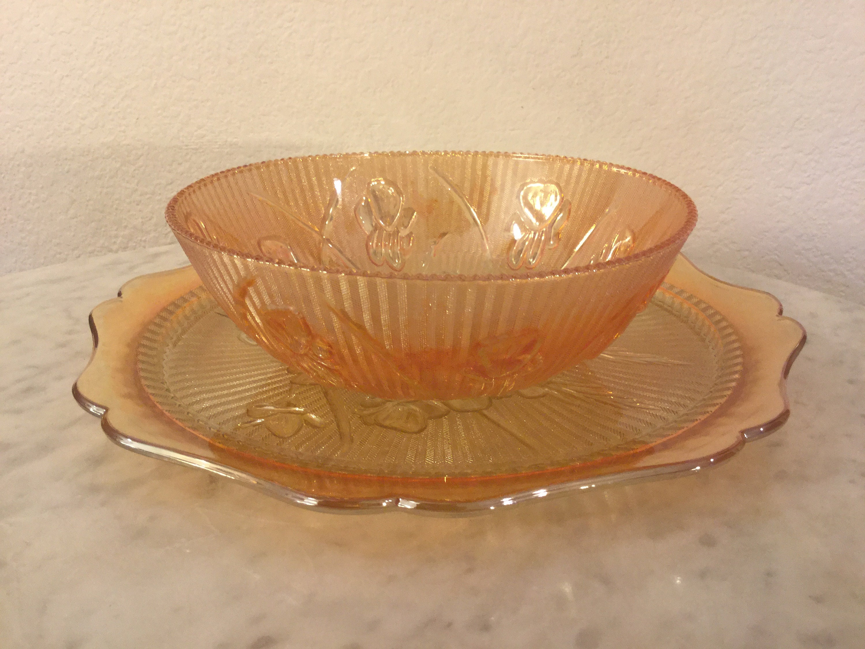 Vintage Stunning JEANNETTE Crystal "IRIS IRIDESCENT" 12” Sandwich Plate & 8” Fruit Bowl. Iridescent Carnival, Flora Gold. Disc. Circa 1960.