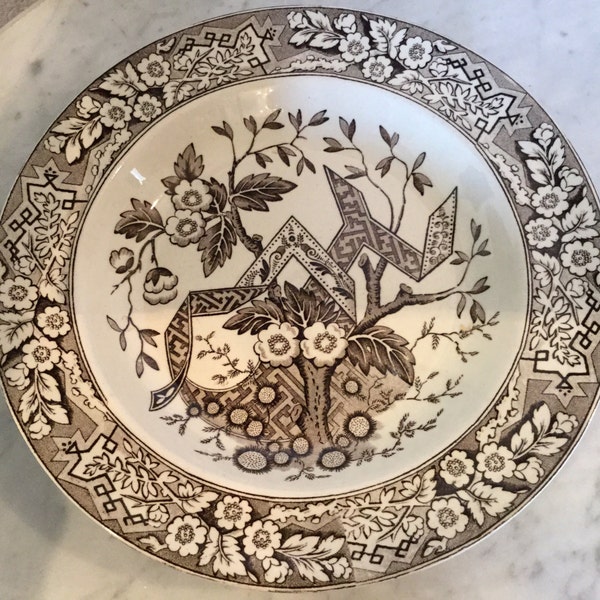 Antique, Vintage "Beatrice" Pattern, Unicorn Trademark By Wedgewood & Co England Brown Transfer-ware Rim Soup Bowl Registered 1880