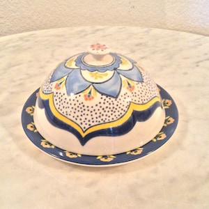 Vintage Japanese Porcelain Round Covered Butter Dish. Multicolored, Handpainted, Handmade. Retired.