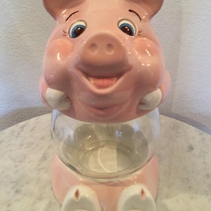 Vintage Treasure Craft Tarro de galletas Piggy de tres (3) piezas. Rosado y claro. Hecho en EE.UU.