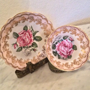 EB FOLEY BONE China “Pink Rose” Cup & Saucer Set. Pattern 3713. Flower, Leaves, Gold Roses Band, Gold Trim. Retired.