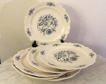 Vintage Beautiful HOMER LAUGHLIN China “DRESDEN” Six (6) Dinner Plates. Imperial Blue, Heritage Quality, Blue Flowers, Disc Circa  1962.