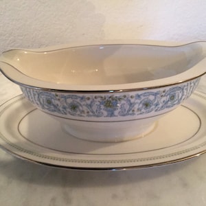 Vintage Noritake Ivory China &quot;Monteleone&quot; Pattern No 7569, Gravy Boat With Attached Underplate. Green Flowers, Blue Scrolls. Discontinued.