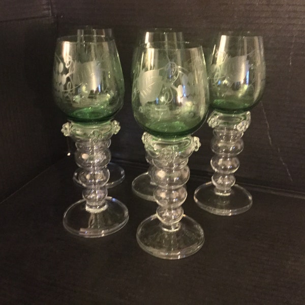 Vintage Römer-Rummer German Glass Set Of 4 Goblets Light Green Bowl Clear Bubble Donut Stem With Applied Prunts. Etched Grapes And Leaves.