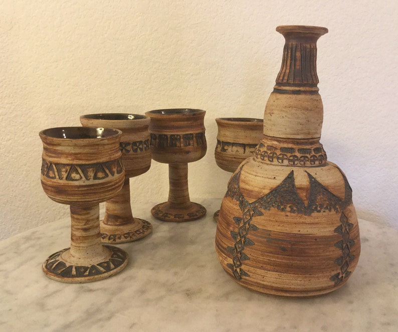 Vintage MURSELL Mclaughlin Studio Pottery Decanter & 4 Goblets