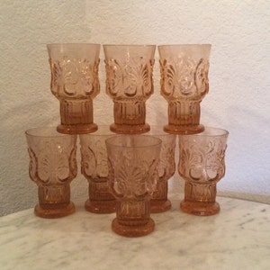 Vintage Beautiful PILGRIM Glass “ADAM” Set Of 8 Juice Glasses. Raised Fan Design, Scrolls. Barware. Retired. 1930.