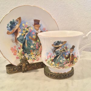 Vintage Royal Grafton Fine Bone China Teacup & Saucer Set With A Couple Courting On A Garden. Signed By Artist Foster. Made In England.