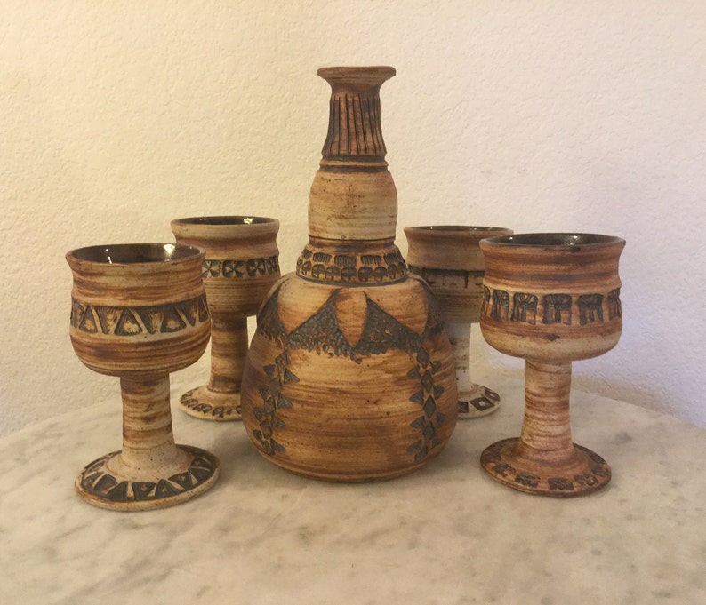 Vintage MURSELL Mclaughlin Studio Pottery Decanter & 4 Goblets