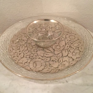 Vintage Georges Briard Chip And Dip Silver Flowered Glass Round Large Tray Dish. Signed.