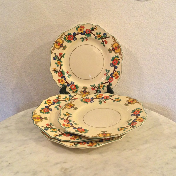 Antique JOHN MADDOCK And Sons Ltd “MINERVA” Pat 737954, 4 Dinner Plates. Royal Ivory. Multicolor Flowers. Made In England.Retired.