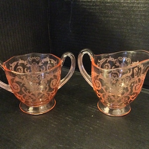 Vintage Stunning FOSTORIA Crystal “VERSAILLES PINK” Sugar Bowl & Creamer Set. Etch 278, Pink Etched Glass. U.S.A. Discontinued 1928-1940.