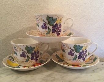 Vintage ROY KIRKHAM Fine Bone China “MORELLO” 3 Breakfast Cup & Saucer Sets. Words, Fruits, Flowers, Butterflies. England. 1997.