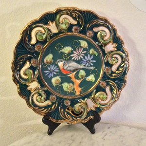 Vintage Stunning H B (Hebert Bequet) Quaregnon Belgium Majolica Collectible Plate. Multicolor Handpainted Enameled Flowered Bird At Center.