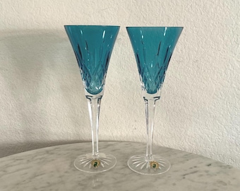 WATERFORD CRYSTAL “LISMORE” 2 Aquamarine Fluted Champagne. Made In Germany.