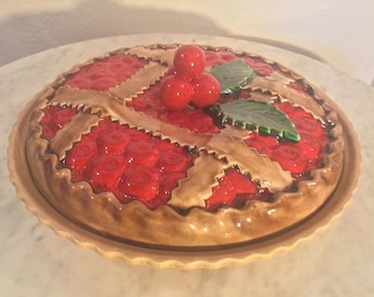 Vintage, Gorgeous Handpainted Ceramic Made In Portugal, "Cherry" Pie Casserole Dish/Plate Covered Lid. Embossed Cherries. Red Green & Brown.
