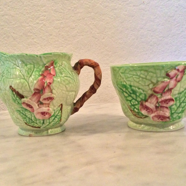 CARLTON Ware England “FOX GLOVE” Open Sugar Bowl & Creamer Set. Raised Pink Flowers, Green Leaves, Yellow Background. Retired. Vintage.