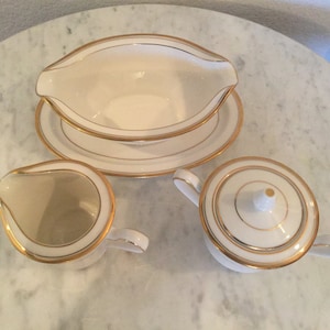 Vintage Noritake Ivory China &quot;Linton&quot; Pattern No. 7552. Sugar Bowl & Lid, Creamer, Gravy Boat With Underplate. Discontinued Circa 1966.