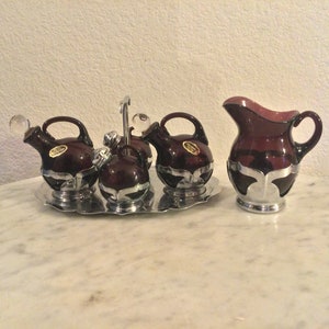 CAMBRIDGE GLASS AMETHYST 8 Pcs Condiment Set With Base. 2 Cruets, Stoppers, Salt Pepper Shakers With Lids, Original Tray, & Pitcher Creamer.
