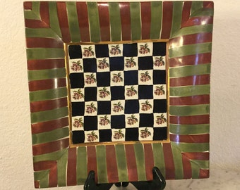 Vintage MACKENZIE CHILDS “Torquay Palm Devon Clay” 12” Square Serving Tray/Platter. Green & Terracota Stripes, Checkerboard, Floral. Disc.