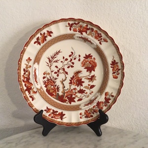 SPODE “INDIAN TREE” One (1) Dinner Plate. Orange Rust Floral, Scalloped, Red Trim. Made In England. Disc Circa 1874-1994.
