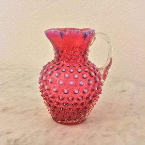 Vintage Stunning Fenton “HOBNAIL CRANBERRY OPALESCENT” 16 Ounce Pitcher. Made In America. Discontinued. From The 1940’s. Signed.