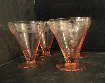 PINK DEPRESSION GLASS Set Of Four (4) Juice Glasses. Etched, Optical, Paneled Stem. Discontinued. U.S.A.