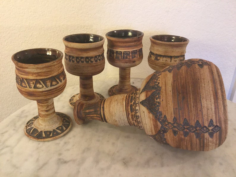 Vintage MURSELL Mclaughlin Studio Pottery Decanter & 4 Goblets