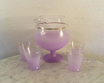 WEST VIRGINIA Glass Specialty “BLENDO” Lavender & Frosted Martini Pitcher With 4 Glasses. Gold Trim. Made In U.S.A. Discontinued.