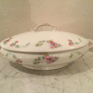 Antique Charles Martin Limoges France Porcelain Oval Covered Server/Tureen. Pink Roses.  Circa 1891-1900