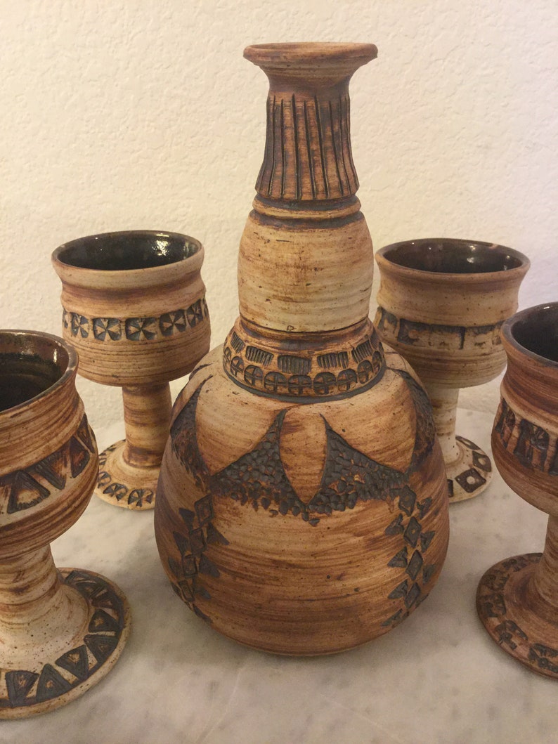 Vintage MURSELL Mclaughlin Studio Pottery Decanter & 4 Goblets