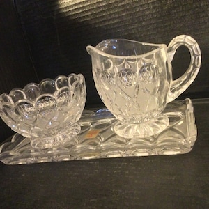 Vintage Beautiful NACHTMANN BLEIKRISTALL “ANGLIA” Open Sugar Bowl, Creamer With Holding Tray. Clear Thumbprints, Frosted Diamonds. Germany.