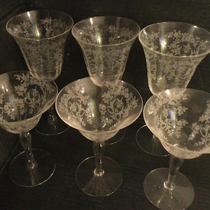Vintage Beautiful MORGANTOWN GLASS “MIKADO” 3 Water Goblets & 3 Champagne Tall Sherbet, Etched Urn And Swag Design. U.S.A. Discontinued.